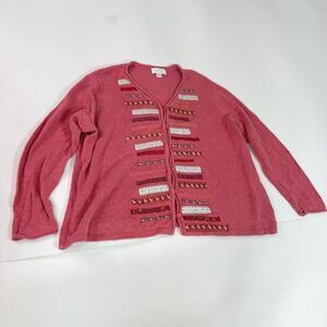 CJ Banks Cardigan Sweater Womens 2X Pink Hemp Blend Knit ARtsy V Neck Grandma